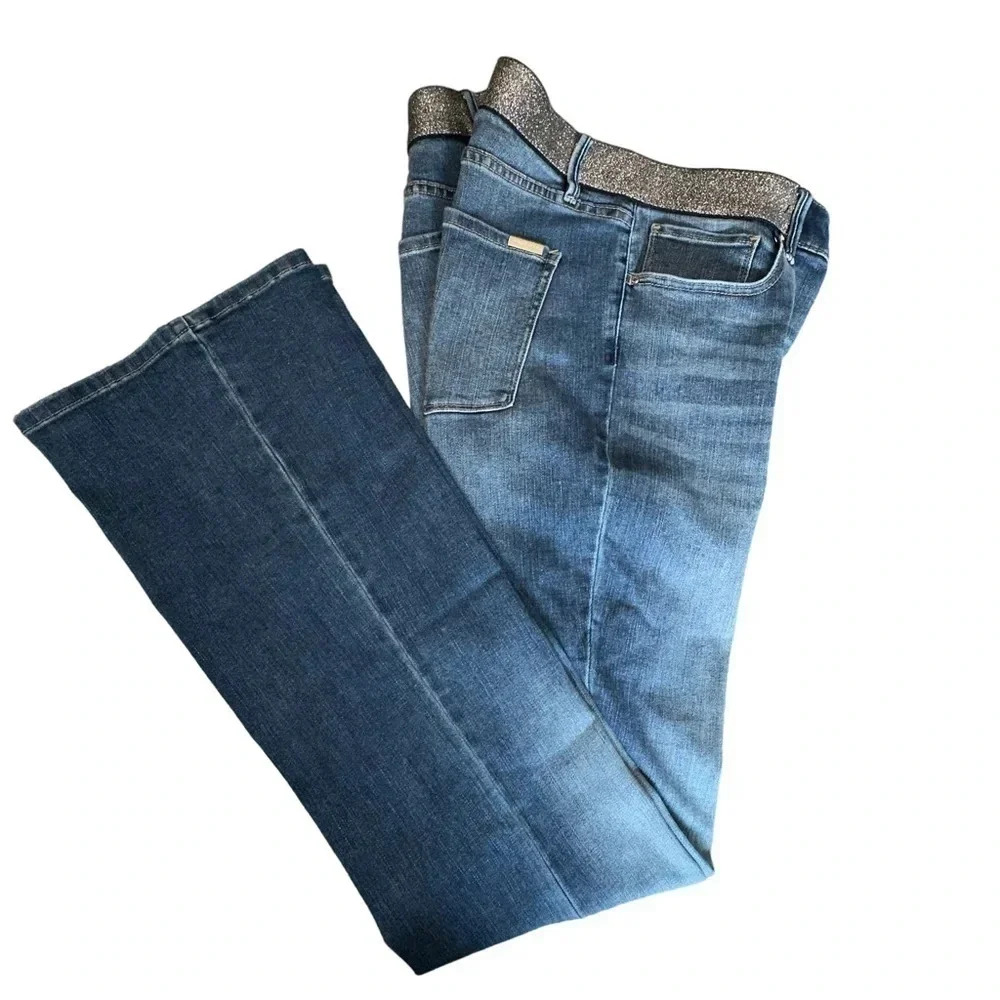 WHBM Skinny mid-rise flare 12 blue jeans attached metallic belt